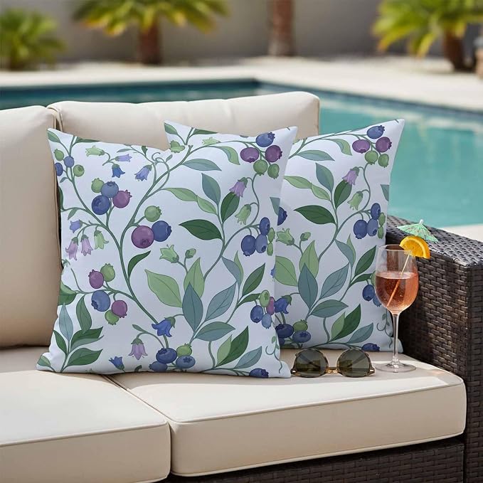 Blueberry Leaves Outdoor Pillow Covers 18"x18" Set of 2, Watercolor Blue Purple Fruit Floral Leaf Blue Waterproof Throw Pillow Covers for Patio Furniture, Decorative Cushion Covers for Porch