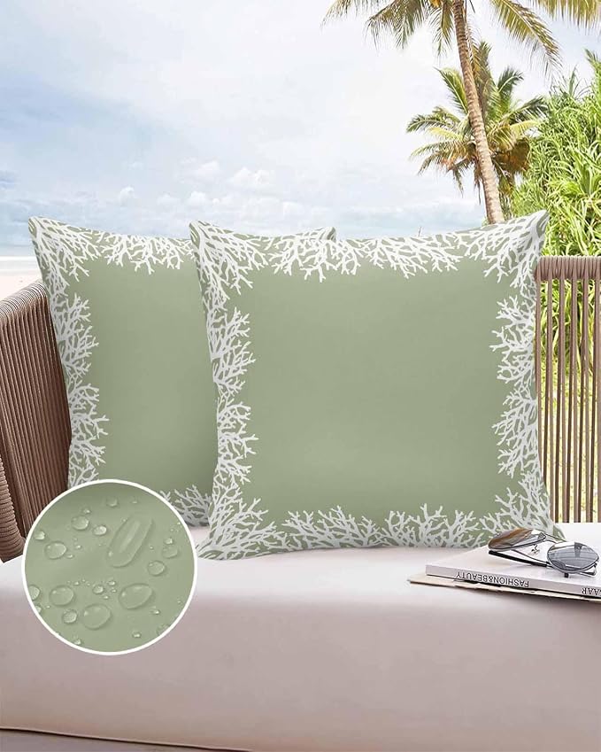 Vandarllin Outdoor Throw Pillows Covers 26x26 inch Set of 2 Waterproof Sage Green Coral Decorative Zippered Cushion Covers for Patio Furniture, Coastal Marine Life Lumbar Pillowcases