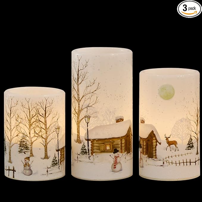 GenSwin Christmas Snowman Flameless Candles Flickering Battery Operated with Timer, Real Wax Led Pillar Candles Warm Light, Christmas Snowman Deer Home Decor Gift(Pack of 3)