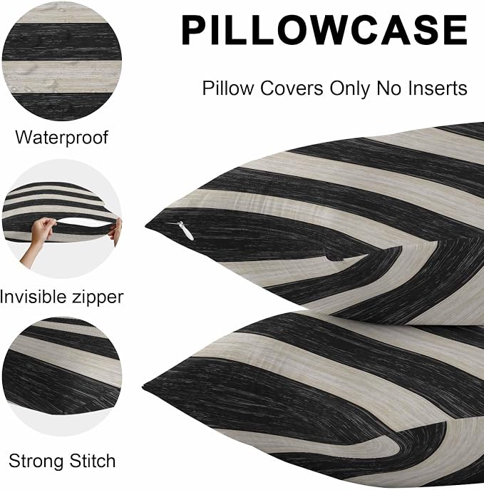 Black Cream Striped Outdoor Pillow Covers 18x18 Inch Throw Pillow Covers Set of 2 Waterproof Decorative Pillow Cases Farmhouse Vintage Shabby Chic Wood Grain Cushion Covers for Patio Furniture Garden