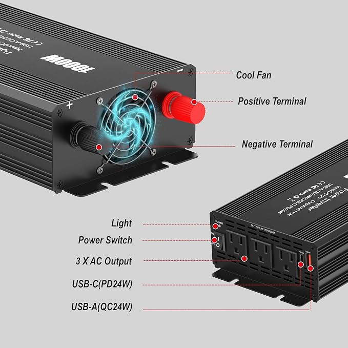1000W Power Inverter for Vehicles,DC 12V to AC 110V Charger with USB-A Fast 24W&Type-C PD24W and Battery Inverters Cables,Converters for Home,Camping