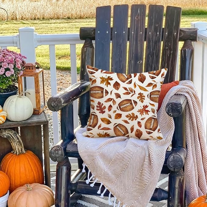 RABUSOFA Fall Outdoor Pillow Covers 18x18 Waterproof Football Decoration | Autumn Decoration, Gift for Fall, Waterproof & Durable Fabric, Machine Washable, Invisible Zipper