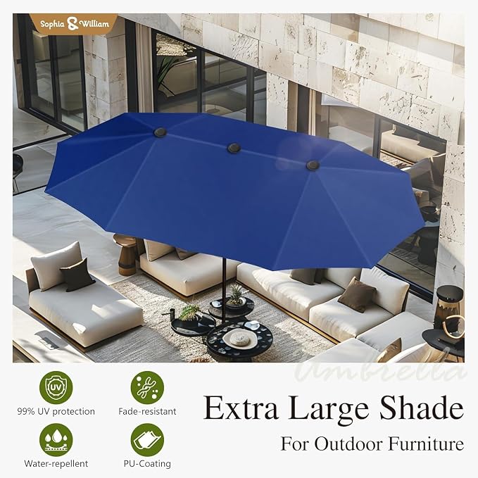 Sophia & William Patio Dining Set with 13ft Double-Sided Patio Umbrella, 8 Piece Metal Outdoor Table Furniture Set with 6 Outdoor Stackable Chairs, 1 Rectangle Dining Table and 1 Large Navy Umbrella
