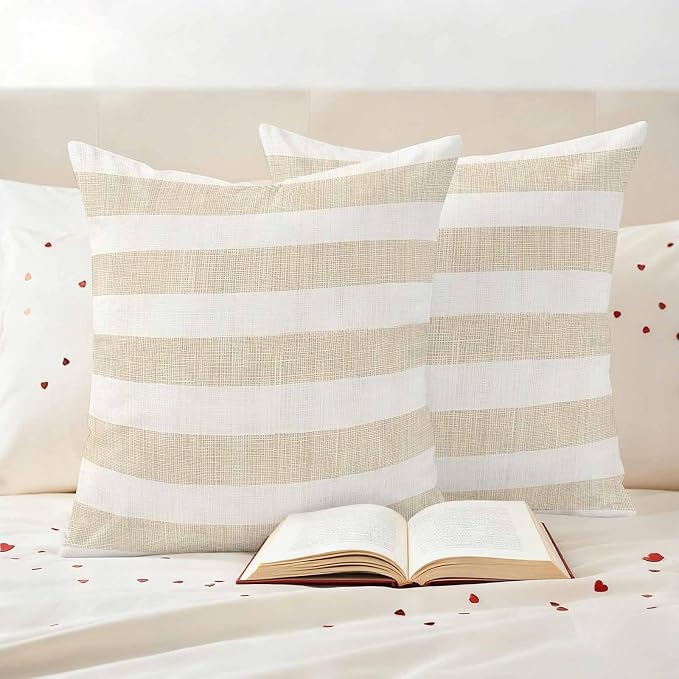 Waterproof Pillow Covers Set of 2,Vintage Yellow Stripe on Linen Outdoor Pillow Protectors with Zipper Pillowcases for Patio Tent Garden Beach 20x20 Inches Farmhouse Line