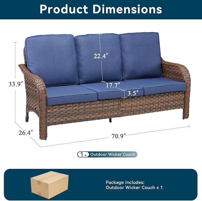 Luxury Outdoor Patio Furniture Set-Wicker High Backrest 3-Seat Patio Sofa with Comfy 6" Cushion, Rattan Couch with Deep Seat All-Weather Patio Conversation Set for Deck Backyard Garden(Gray/Blue)