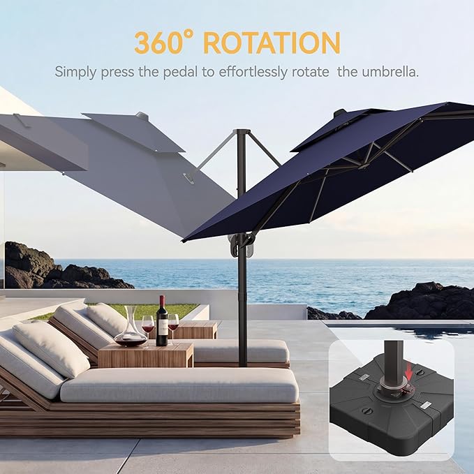 10x13 FT Patio Umbrella with Base, Large Cantilever Rectangular Double Top Heavy Duty Offset Umbrellas with 361° Rotation, Outdoor shade for Garden Deck Pool Patio, Navy