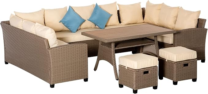 Outsunny 6 Piece Patio Furniture Set, PE Wicker Outdoor Furniture Conversation Set with 3 Sofas, 2 Ottomans and Slatted WPC Top Dining Table, All Weather Sectional Sofa Couch with Pillows, Khaki