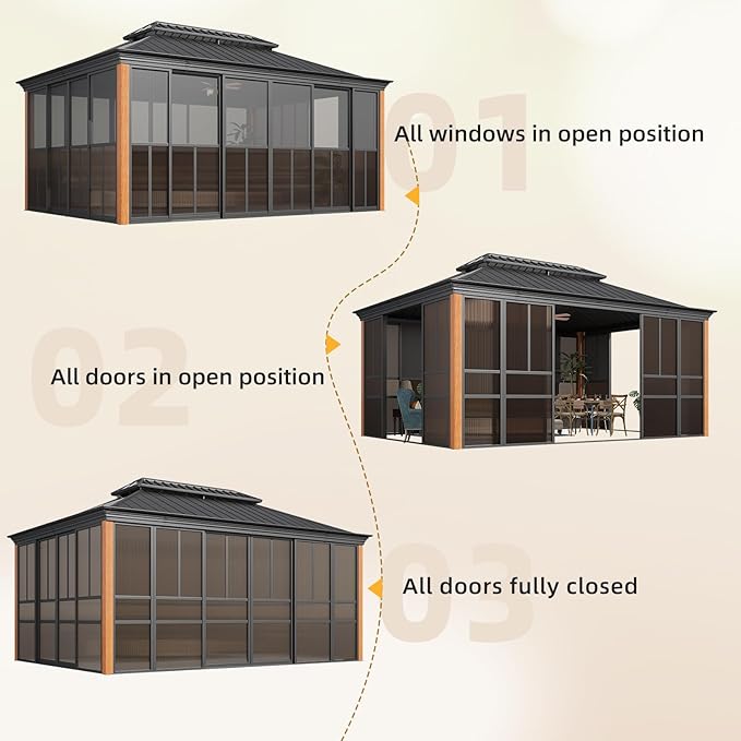 EROMMY 12' X 16' Hardtop Sunroom, Galvanized Steel Double Roof Gazebo Solarium with Wood Grain Aluminum Frame & Detachable Windows, All-Weather Sun Room for Patio Deck Backyard