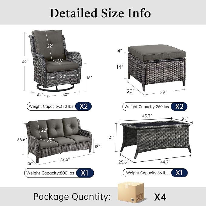6 Piece High Back Patio Furniture Set - All Weather Patio Conversation Set with 4 Inch Thick Cushions and Deep Seating Swivel Glider Chairs & Outdoor Couch for Porch Deck Yard Pool