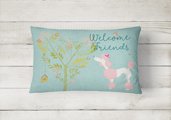 Caroline's Treasures BB7613PW1216 Welcome Friends Pink Poodle Canvas Fabric Decorative Pillow Machine Washable, Indoor Outdoor Decorative Pillow for Couch, Bed or Patio, 12HX16W