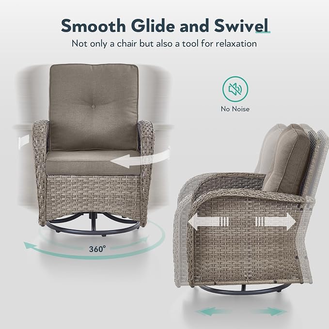 6 Piece Patio Furniture Set - Wicker Patio Conversation Set with Swivel Glider, Glider Loveseat, Tempered Glass Side Table and 2 Ottomans for Deck Backyard - Grey Wicker Grey Cushion