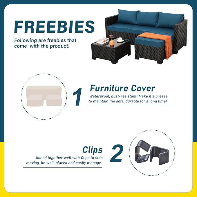 Oasishine 3 Pieces Patio Furniture Set Outdoor Sectional Wicker Patio Furniture Patio Couch with Ottoman and Outdoor Glass Table Weathering Anti-Slip Cushions Waterproof Covers, Peacock Blue