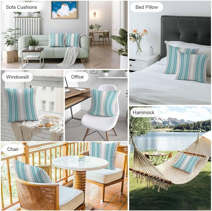 Chucoco Outdoor Waterproof Throw Pillow Cover, Teal Stripe Gray Line Decorative Pillows Cushion Covers, Minimalist Style 2 Pack Pillow Cases for Patio Garden Balcony Couch Sofa 20x20in