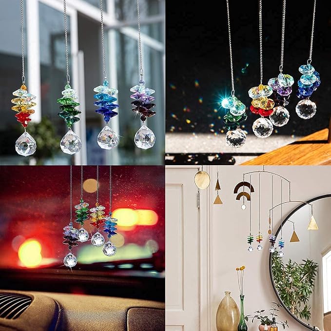 4PCS Crystal Prisms Suncatchers Hanging Sun Catchers for Window Indoor | Rainbow Maker Suncatchers Crystals Ball Prism Chakra Octagon Bead Decor For Home Garden,10.5inch,Christmas Tree Decorations