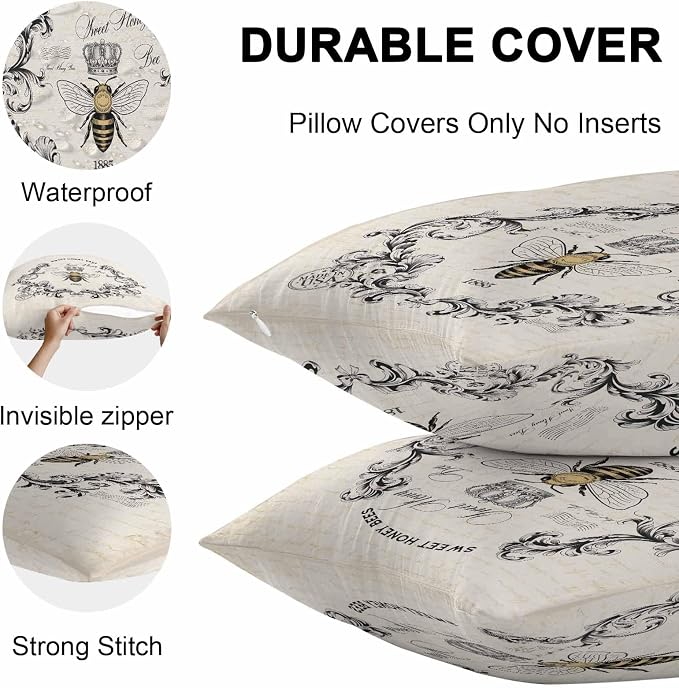 Sweet Honey Bees Outdoor Pillow Covers Pack of 2 Bees Farmhouse Retro Texture Waterproof Throw Pillow Covers Decorative Cushion Cases for Patio Garden Tent Balcony Couch 20x12 inch