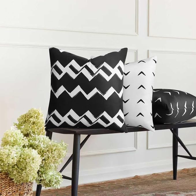 Adabana Geometric Waterproof Outdoor Pillow Covers 18x18 Black and White | Set of 2 Waterproof Design for Patio, Porch, Garden and Beach Decor
