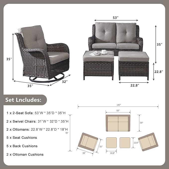 Rilyson 5 Piece Outdoor Patio Furniture Set - Rattan Wicker Patio Conversation Sets with 2 Swivel Rocker Chairs,2 Ottomans and 1 Loveseat for Outside Porch Deck Backyard(Brown/Grey)