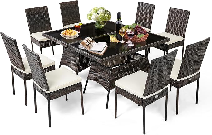 10 Pieces Patio Wicker Dining Set Outdoor Furniture, Outdoor Rattan Table and Chairs with Tempered Glass Table-top & Padded Cushions, Patio Furniture Sets for Backyard, Balcony (Brown)