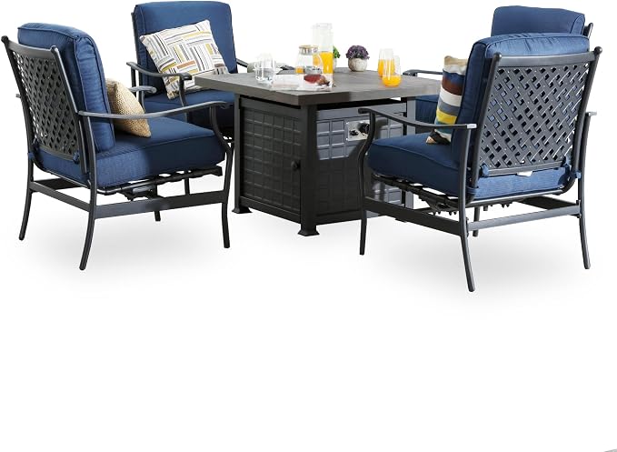 Patio Conversation Set Outdoor Furniture CSA Certification 50,000 BTU 33.9 Inch Propane Fire Pit Table Sets with Rocking Chairs Thick Cushions(5 Pcs,Blue)