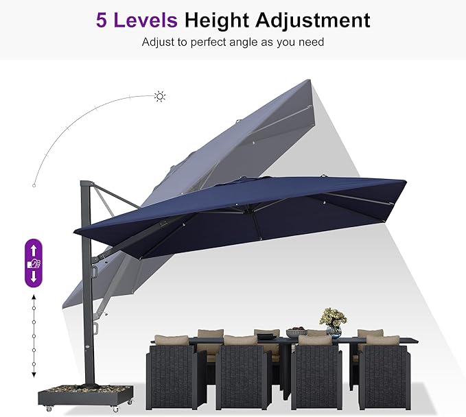 PURPLE LEAF 12' X 9' Space Saving Rectangle Patio Umbrella with Base Included Large Patio Aluminum Offset Umbrella with 360-degree Rotation Cantilever Umbrella for Backyard Pool Garden Deck Navy Blue