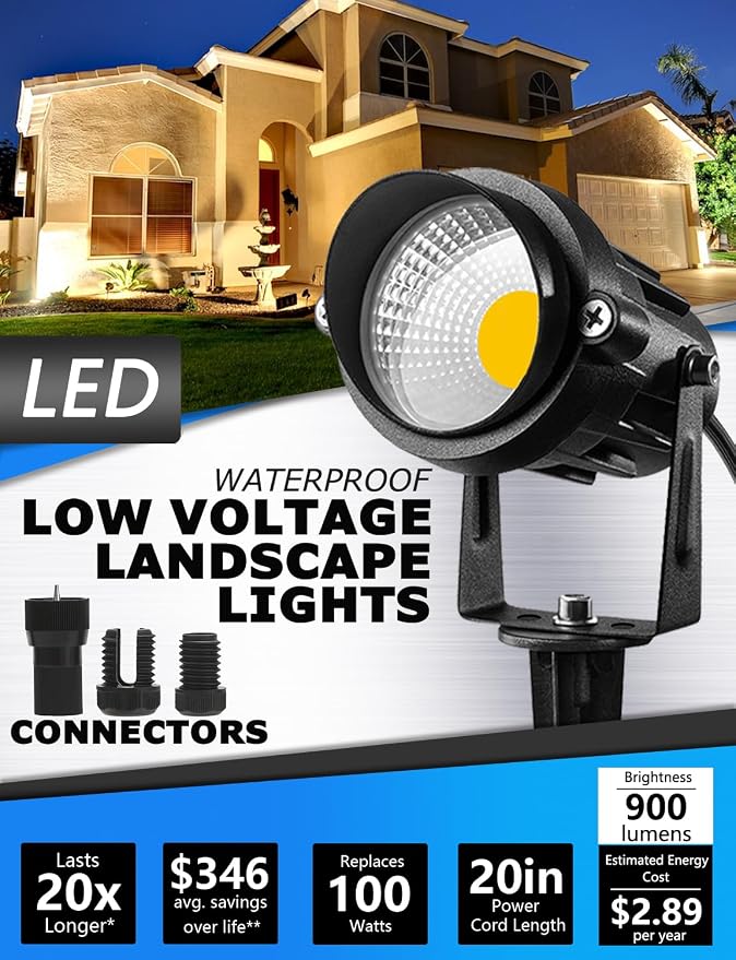 SUNVIE 12W LED Landscape Lighting Low Voltage (AC/DC 12V) Waterproof Garden Pathway Lights Super Warm White (900LM) Walls Trees Flags Outdoor Spotlights with Spike Stand (4 Pack) | 12-24V 3000K Waterproof 900LM Yard Pathway Garden Lights Wired Wall Tre...