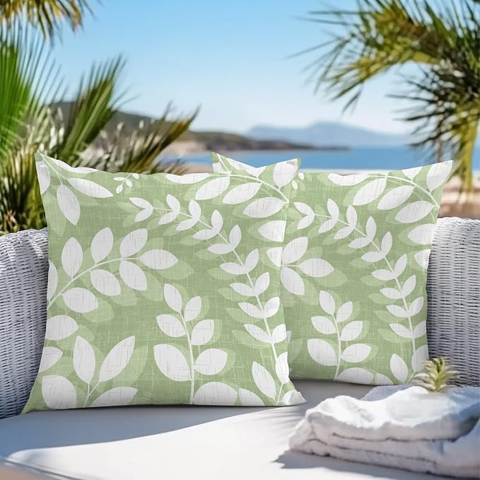 Olive Green Leaves Outdoor Waterproof Throw Pillow Covers 26x26 Set of 2, Farmhouse Botanical Branch Vintage Boho Decorative Pillowcases Cushion Pillowcase for Couch Sofa Patio Pillow Protector