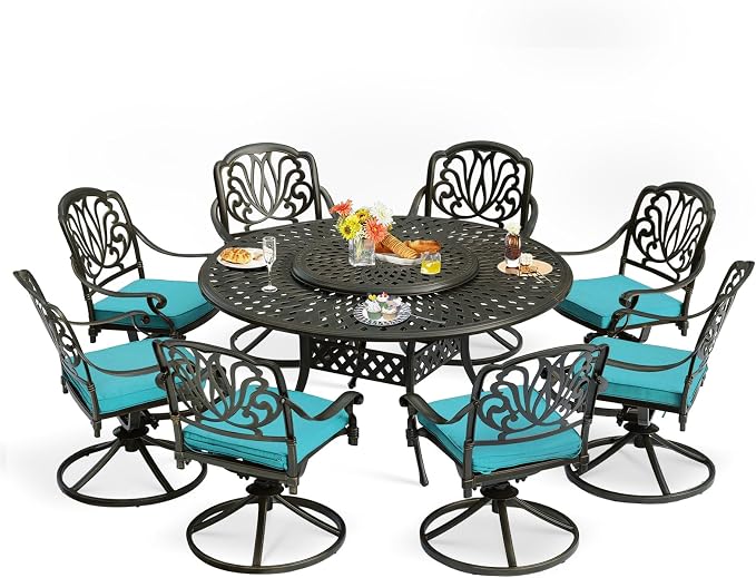 9-Piece Patio Furniture Dining Set, Cast Aluminum Outdoor Conversation Set- 61" Round Patio Dining Table with Detachable Lazy Susan & 8 Cushioned Swivel Rocker, Umbrella Hole, Ocean Blue