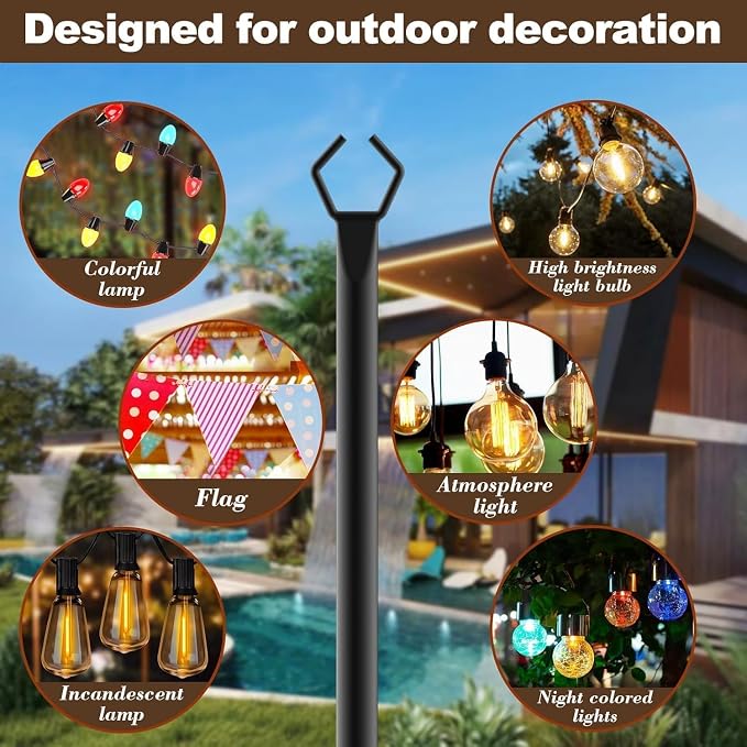 AILBTON 10 Pack 10Ft String Light Poles | Light Poles for Outside String Lights,Outdoor Light Poles with Fork,Metal Pole Stand for Patio,Backyard,Deck