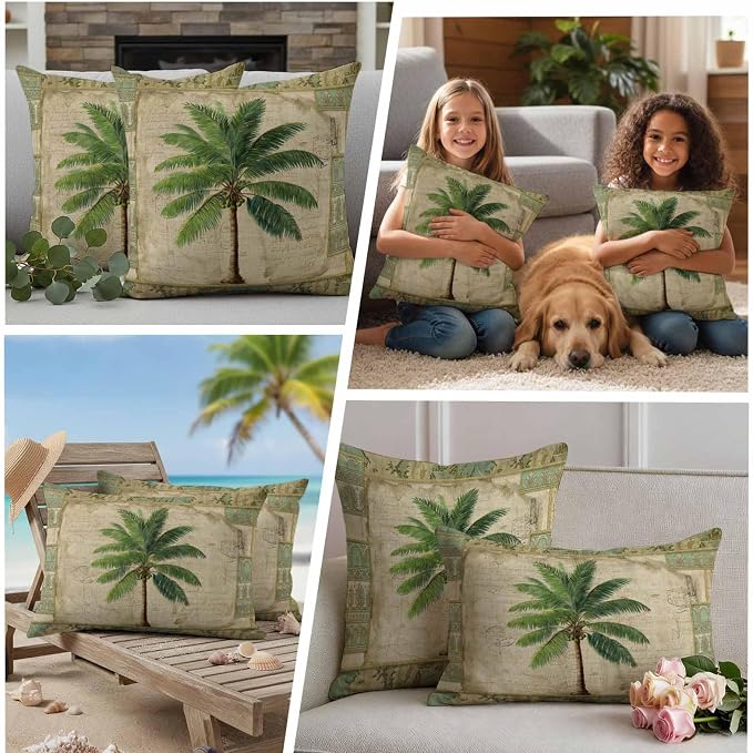 Summer Palm Trees Outdoor Pillow Covers 20"x12" Set of 2, Green Tropical Leaves Retro Boho Vintage Texture Waterproof Throw Pillow Covers for Patio Furniture, Decorative Cushion Covers for Porch