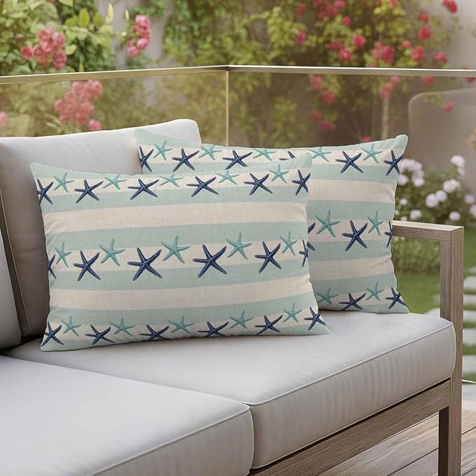 Summer Ocean Starfish Outdoor Pillow Covers Set of 2 Nautical Farmhouse Blue Teal Starfish Rustic Stripe Waterproof Throw Pillow Cover Decorative Cushion Cases for Patio Porch Garden 20X12 Inch