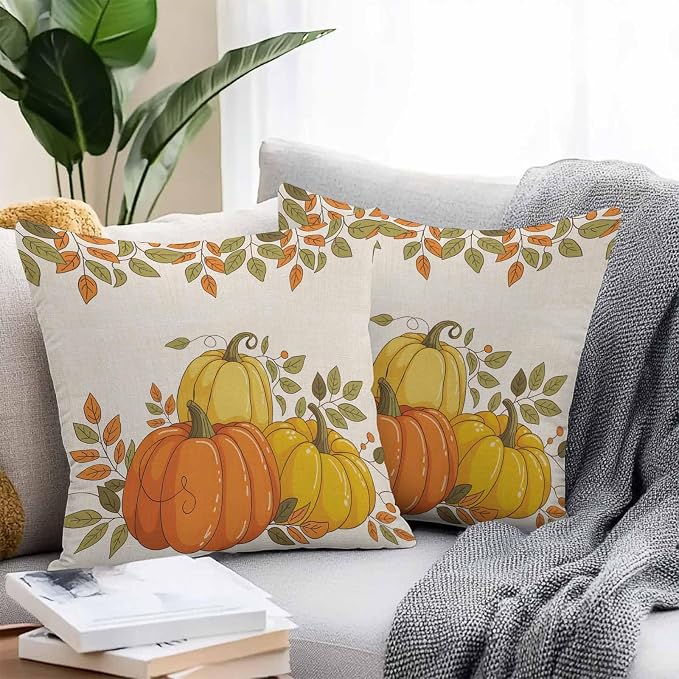 Orange Pumpkins Outdoor Waterproof Pillow Covers, Fall Yellow Leaves Vintage Beige Rustic Decorative Square Throw Pillowcase Sofa Cushion Sham for Patio/Couch/Chair, 18"x18" 2 Pack