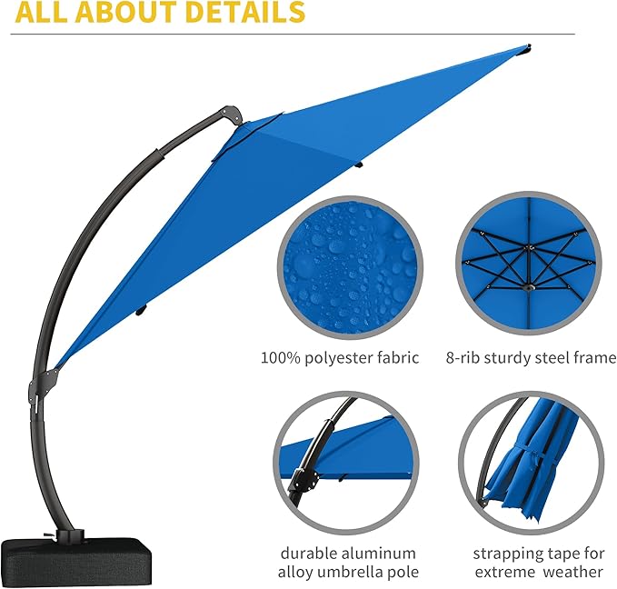 Kingdura 11ft Offset Cantilever Patio Umbrella with Base Included, Large Round Aluminum Outdoor Umbrella, 360° Rotation & Infinite Tilt, Heavy Duty Frame for Deck Pool Backyard, Royal blue