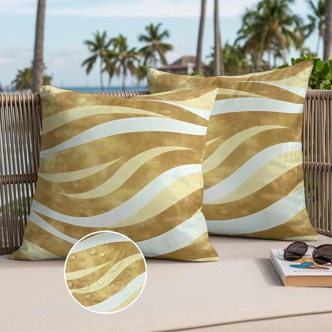 Yellow Pink Waves Waterproof Outdoor Pillow Covers Set of 2 Home Decor, Ombre Sea Ripples Shabby Beach Pillowcase Patio Pillow Covers for Couch Bench Furniture Garden 26x26in