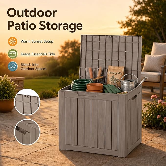 Outdoor Deck Patio Storage Box - 35 Gallon Small Outdoor Deck Box, Plastic Storage Bin with Lid, Outside Toy Box & Pool Storage Container for Cushions, Garden Tools, Towel, Lockable Chest, Brown