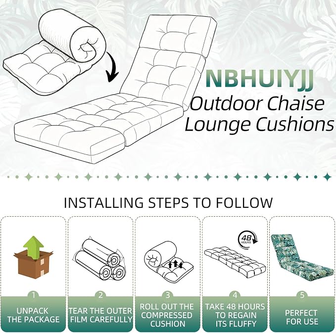 Patio Chaise Lounge Cushions, 70.5"x21"x4" Waterproof Replacement Beach Pool Lawn Outdoor Lounge Chair Cushion, Non-Slip Bottom & Secure Ties for Outdoor Furniture，Monstera, 1Count