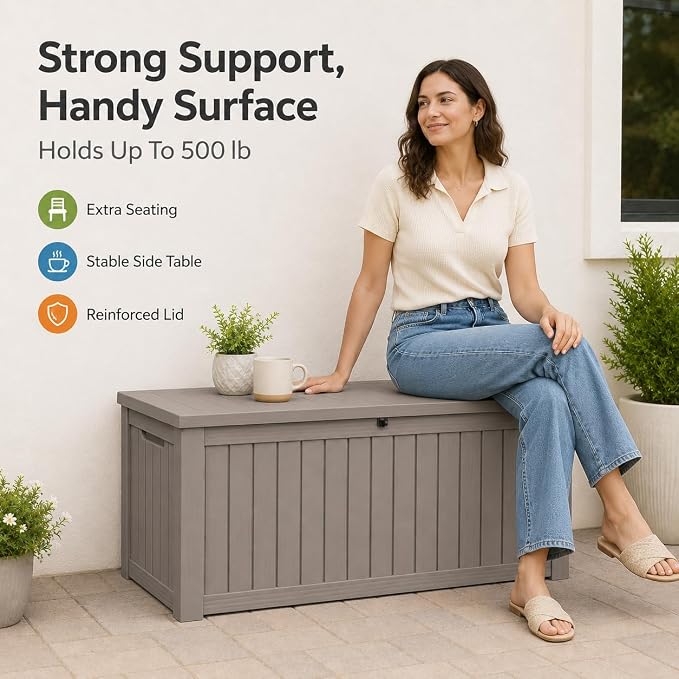 Outdoor Deck Patio Storage Box - 140 Gallon Large Outdoor Deck Box, Plastic Storage Bin with Lid, Outside Toy Box & Pool Storage Container for Cushions, Garden Tools, Towel, Brown