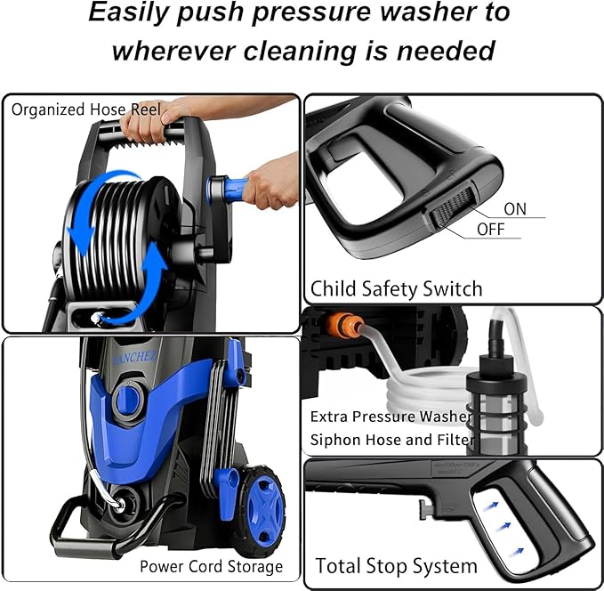 2026Upgraded Pressure Washer 4800PSI w/4 Quick Connect Nozzles, Inlet Hose & Filter&500ML Soap Tank, High Cleaning Machine for Cars/Fences/Driveways/Patios/Home Cleaning,Blue