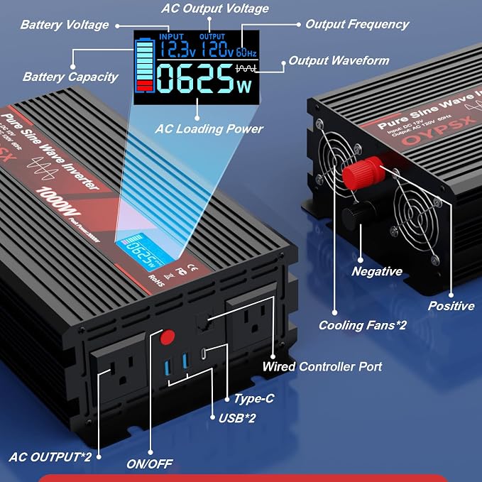 1000W Power Inverter 12V to 110V 120V AC Pure Sine Wave Inverter for RV Truck Camping,Outdoor Off-Grid Power Converter with LCD Display,Wired Controller,AC Outlets USB Ports (12V-1000Watt)