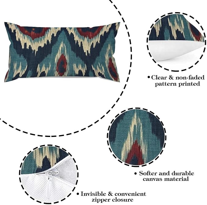 Zipped Pillow Cases for Home Decor Blue Green Red Cream Ikat Pattern Throw Pillow Cover Set of 2 Farmhouse Cushion Cover Cases for Living Room Club Home Decor 12x24in