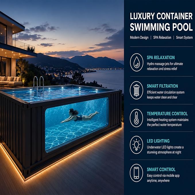 20/40FT Container Swimming Pool with SPA System, Luxury Above Ground Prefab Modular Steel Pool with Glass Window, Smart Temperature Control, Filtration & LED Lighting for Backyard Resort Hotel Villa