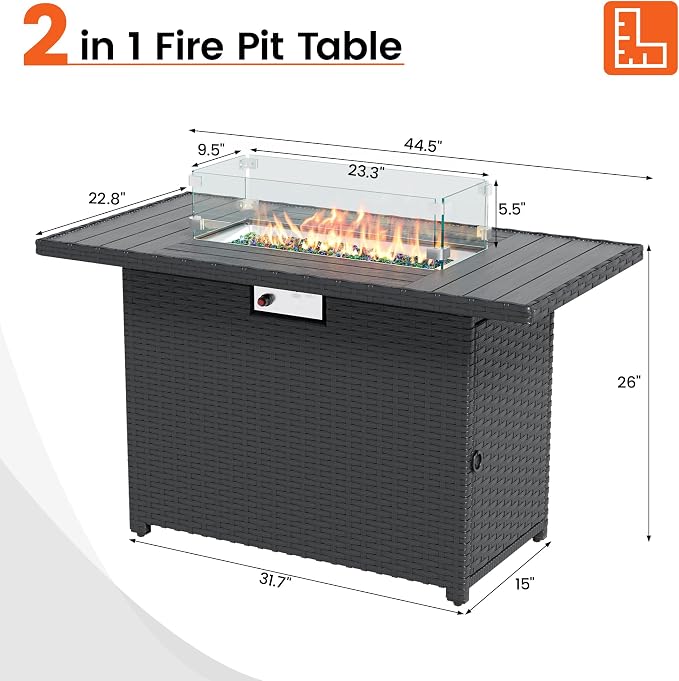 8 Piece Patio Furniture Set with 43" Fire Pit Table, Outdoor Sectional Wicker Rattan Sofa Set with Coffee Table (White/Black)