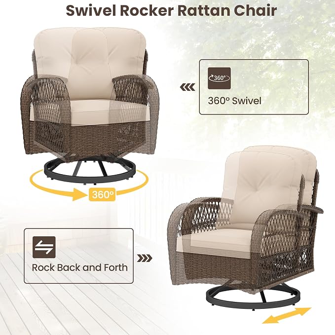 HAPPYGRILL 3 Pieces Outdoor Rattan Swivel Rocker Chairs Set with Tempered Glass Side Table, Outside Sectional Patio Conversation Furniture Set with Swivel Rocking Chairs for Deck Porch Garden (Beige)