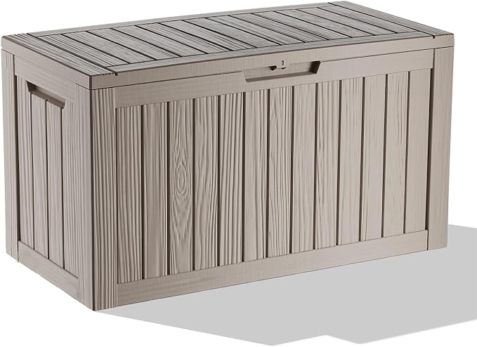 Deck Box Large Outdoor Storage for Patio Furniture,Outdoor Cushions,Garden Tools and Pool Supplies,Waterproof,Resin,Lockable (Grey, 90 Gallon)