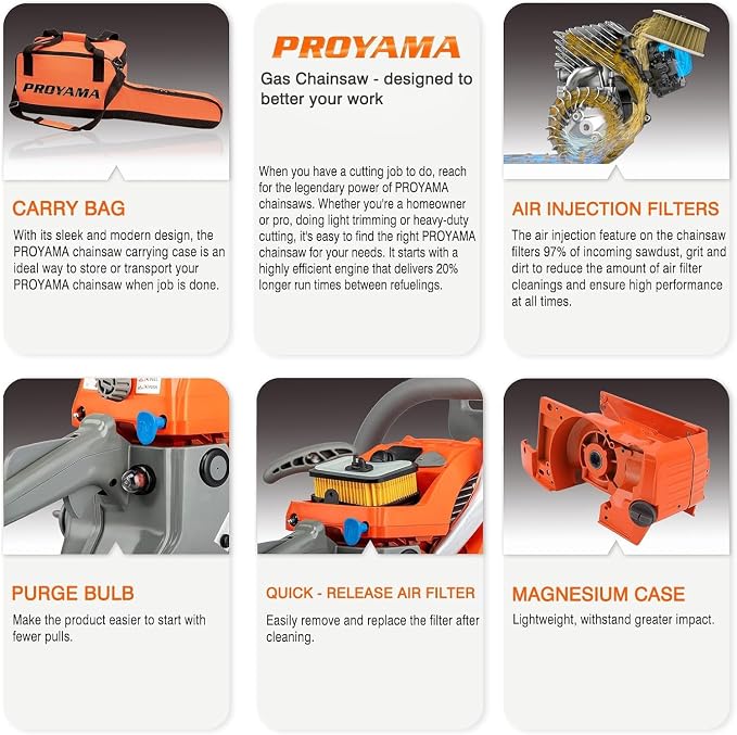 PROYAMA 62CC Gas Powered Chainsaw, 20 Inch 2-Cycle Petrol Handheld Cordless Chain Saw, Gas Chainsaws for Tree Wood Cutting