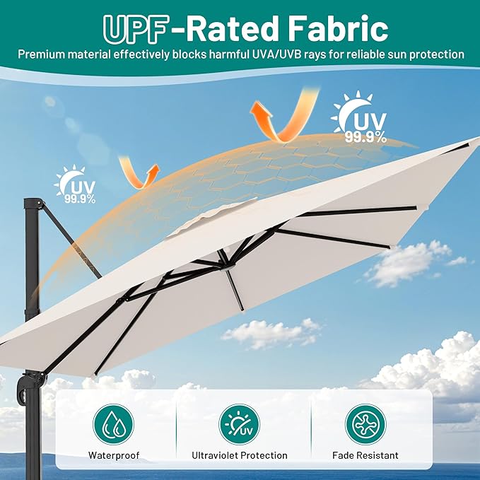 AreShark 9 × 9FT Square Cantilever Patio Umbrella with Base Included, 360° Rotation Offset Outdoor Umbrella, 5 Tilt Settings Heavy Duty Hanging Parasol for Deck Garden Pool, Cream White
