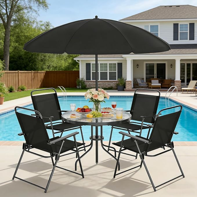 Shintenchi 6 Piece Outdoor Patio Furniture Set, Small Outdoor Patio Dining Table and Chairs Set, Outdoor Seating with Umbrella for Backyard, Balcony, Front Porch, Onyx