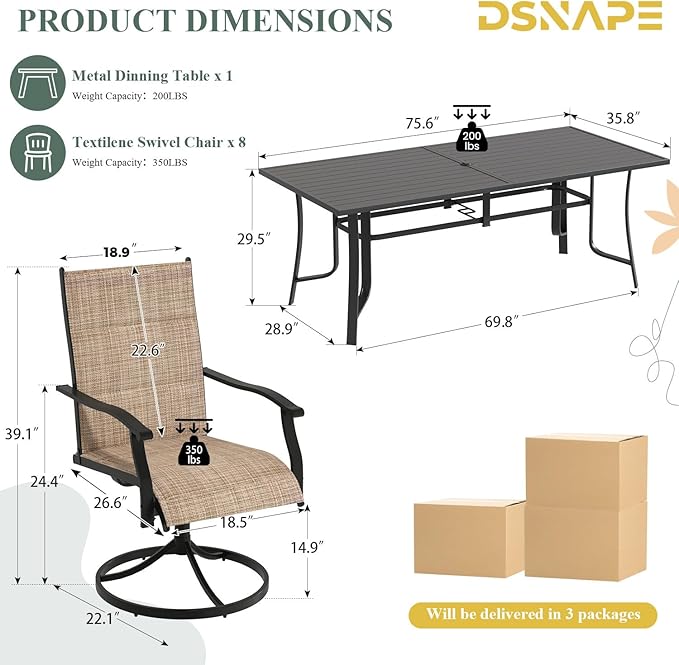 9 Pieces Patio Table and Chairs Set, 75.6" Metal Dining Table with Umbrella Hole,8 High Back Textilene Swivel Chairs,Dining Table Set for 8, Outdoor Furniture for Porch Deck Yard Balcony, Brown