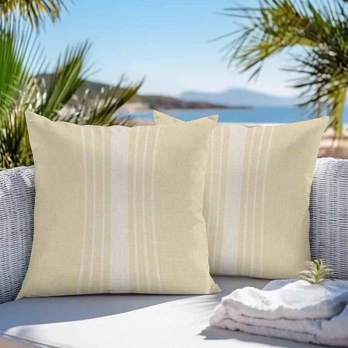 Vandarllin Outdoor Throw Pillows Covers 18x18 inch Set of 2 Waterproof Cream Vertical Stripes Decorative Zippered Cushion Covers for Patio Furniture, Classic Striped Linen Lumbar Pillowcases