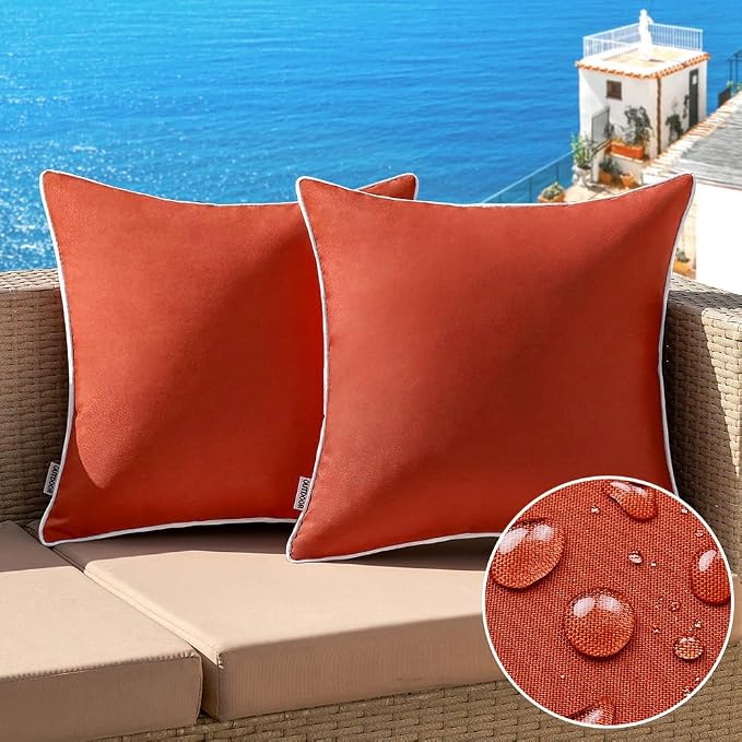 MIULEE Outdoor Waterproof Pillow Covers 20x20 Rust Pack of 2 | Decorative Farmhouse Throw Pillow Covers with Piping,Square Solid Color,Patio Furniture,Summer Couch Tent Sofa Living Room