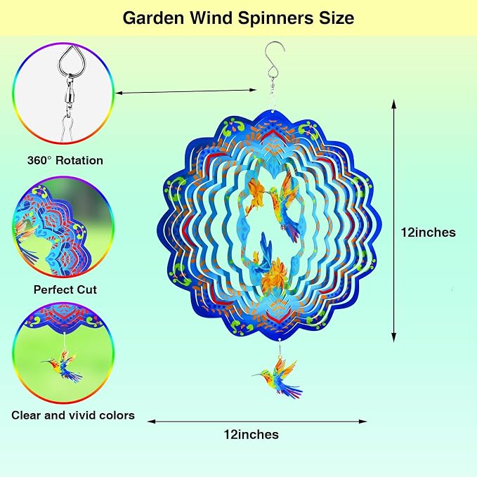 Wind Spinners,12 inch Hummingbird with 360° Swivel Hook for Yard and Garden, Bird Wind Catcher, Metal Wind Spinners Outdoor for Lawn Hanging Crafts Decor Kinetic Yard Art Ornament Gifts
